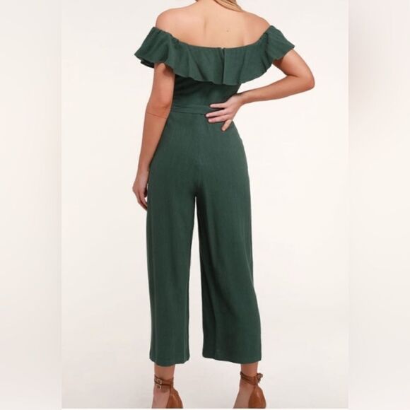 Lulu's Off The Shoulder Dark Sage Green Linen/ Rayon Ankle Length Jumpsuit Sz XL - Picture 2 of 12